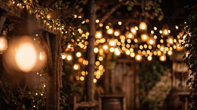 Magical evening ambiance with warm string lights and lanterns illuminating a rustic outdoor setting