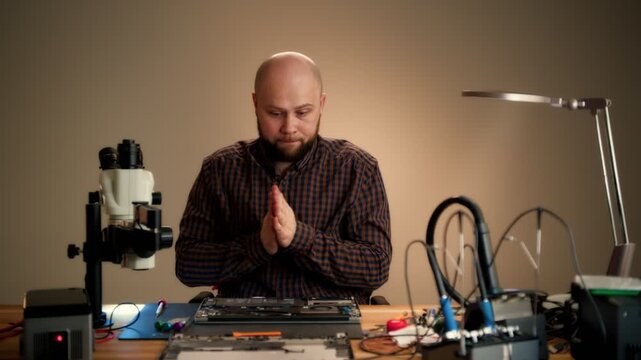 Repair technician inspecting electronic device at workbench