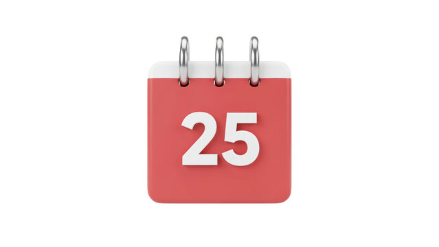 Red 3 d calendar showing number twenty five with silver metal rings isolated on a transparent background