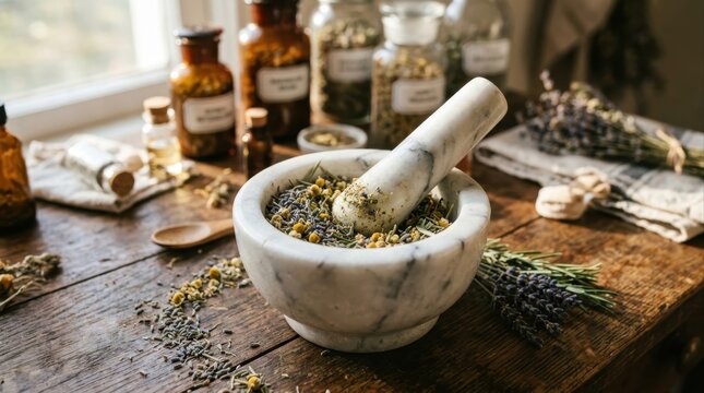 Herbal medicine preparation with mortar and pestle and dried herbs
