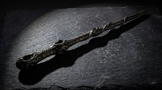 Hand-carved wooden magic wand with runes and dark gems on slate, fantasy RPG prop, mystical wizard artifact, cinematic tabletop gaming gear.