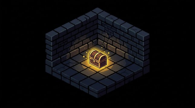 Glowing isometric pixel art treasure chest in dark dungeon, retro RPG loot reward, fantasy game asset, mystery quest concept, stone brick interior.