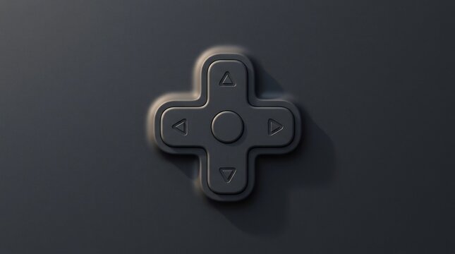 Matte black 3D directional pad, minimalist gaming button icon, sleek technology hardware, dark neomorphic design, control interface, modern console aesthetic.