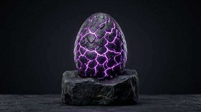 Glowing purple dragon egg on stone base, fantasy gaming prop, magical cracked creature egg, dark mystical atmosphere, RPG concept art.