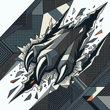 Sharp beastly claw tearing through geometric graphic background surface