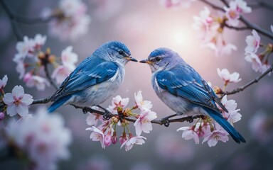 Fototapeta premium Two small blue birds perched on a delicate branch covered in soft pink cherry blossoms, creating a romantic and peaceful scene in the spring season with a blurred, dreamy background effect