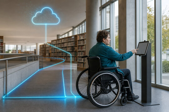 Wheelchair user accesses a library digital kiosk