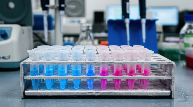Laboratory microcentrifuge tubes with blue and pink liquid samples