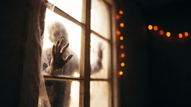 Silhouette of a zombie pressing on a window with copy space on the right