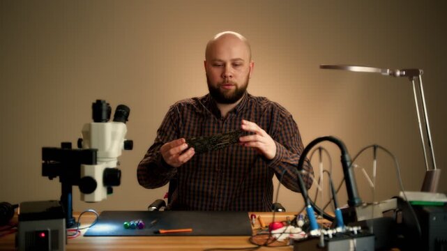 Electronics repair technician working at a bench