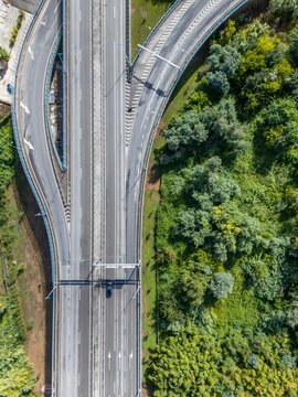 Aerial view of Ponte Rainha Santa Isabel bridge with road markings and surrounding lush green trees in Coimbra, Coimbra, Portugal.