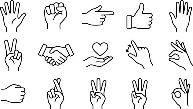 Hand gestures body language communication and touch screen interaction line icon set featuring fingers symbols