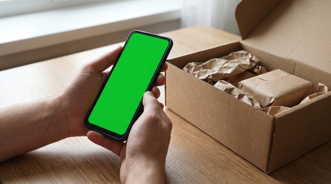 Person holding a smartphone with a green screen next to an open delivery box with a gift inside