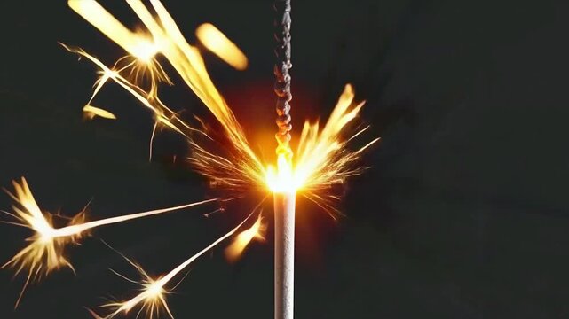 Single burning sparkler held upright in darkness, bright golden sparks flying in slow motion