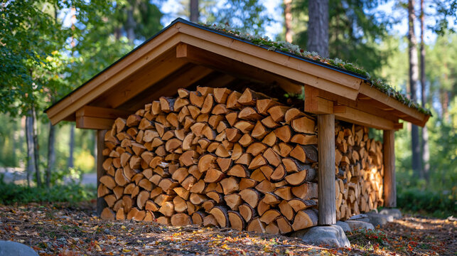 Remote Scandinavian style woodshed built from raw timber in a dense boreal forest, stacks of neatly split spruce firewood reaching almost to the roof, simple sloped roof with subtle moss growth, rus