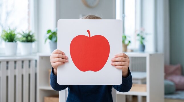 Child hands holding food flashcard covering face for autism AAC vocabulary development and nonverbal communication therapy in modern Scandinavian classroom