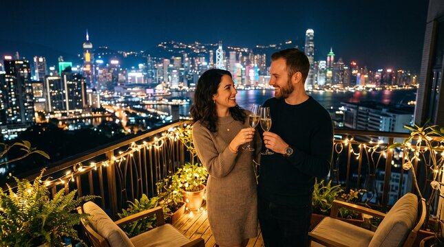 Couple celebrating with champagne on a balcony overlooking a city skyline at night