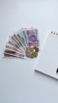 Budget planning, financial literacy. Banknotes and coins, note pad, pen and mobile calculator. Polish zloty currency