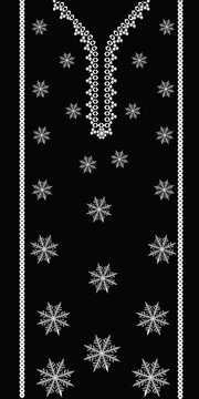 Black and white embroidery pattern for womens kurti neck design with snowflake motifs and vertical decorative borders