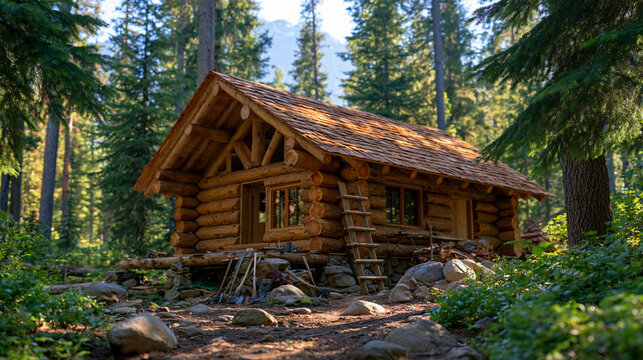 Small unfinished hunting cabin constructed from hand hewn logs deep within a remote Canadian pine forest, partially completed timber walls, exposed rafters and unfinished roof, handmade ladder resti