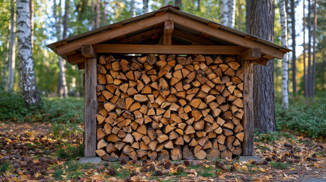 Tiny off grid firewood shelter standing beside a forest trail, handmade from mismatched rough sawn timber boards, open front filled with perfectly stacked split hardwood, simple corrugated roof weat