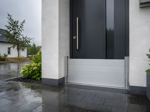 Flood barrier installed at a front door during rainy weather