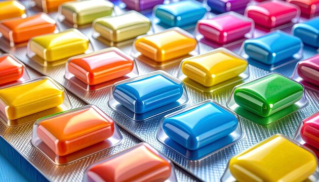 Colorful Chewing Gum in Blister Packs - A Sweet Treat.