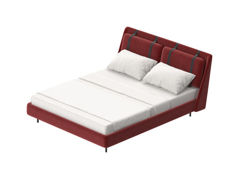 Modern upholstered bed with red frame and white linens, isolated on white