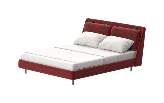 Modern upholstered bed with red fabric and white linens on a white background