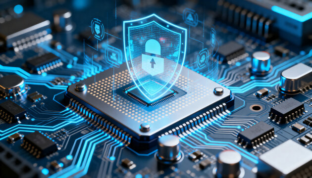 Glowing blue cybersecurity shield icon hovering above a complex computer circuit board processor for data protection