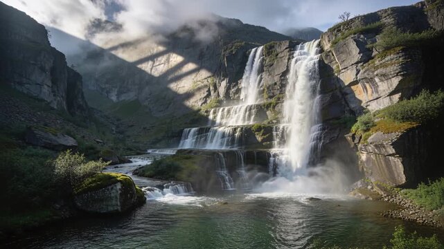 Snowmelt feeding tiered waterfall pouring over cliff into pool in alpine valley, creating mist