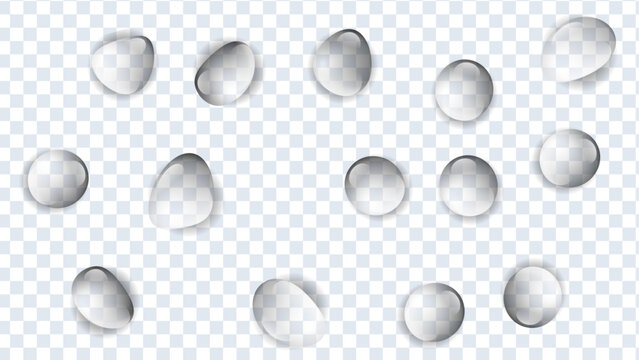 drops water realistic droplets transparent isolated pure condensed dew bubbles liquid clean texture surface background vector illustration graphic