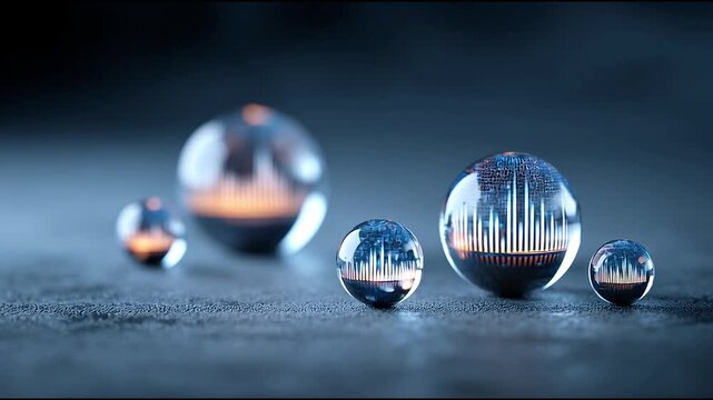 Reflections of a city skyline within water droplets on a textured surface. The droplets vary in size, creating a mesmerizing visual effect