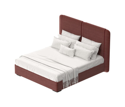 Modern upholstered bed with plush white bedding and decorative pillows