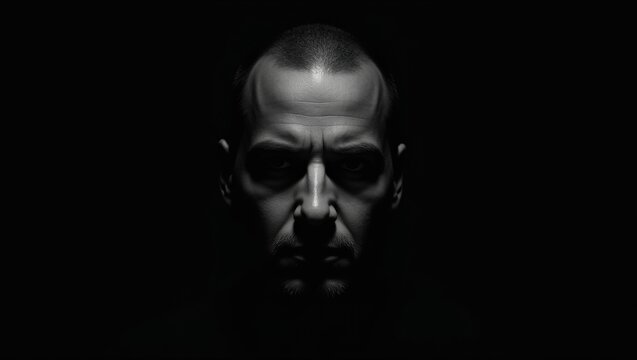 Man's determined face showing strong emotion, dramatic lighting creating deep shadow and high contrast. Intense human expression