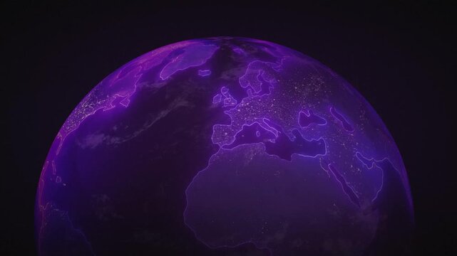 Digital globe with glowing continents of purple, suggesting technology and global connection