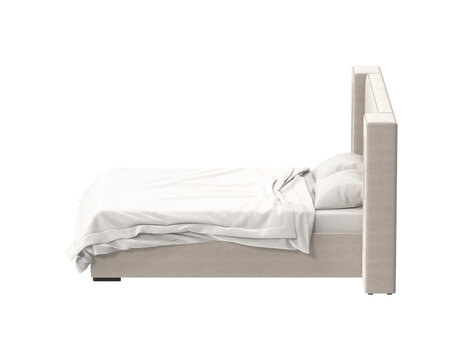 Modern upholstered bed with clean white bedding and pillows, isolated on white