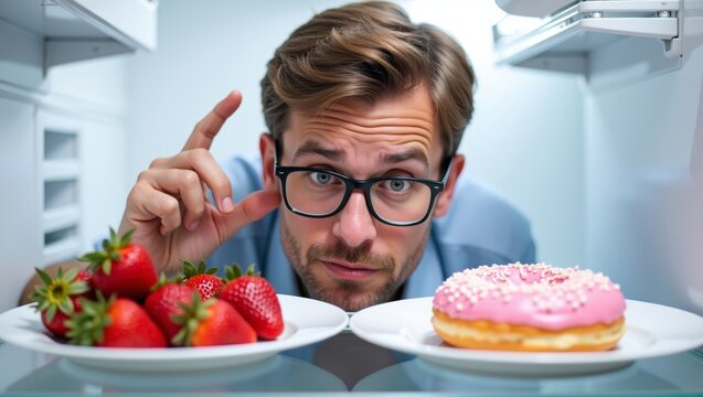 Man pondering between a plate of fresh strawberries and a pink donut, making a decision about his diet and cravings