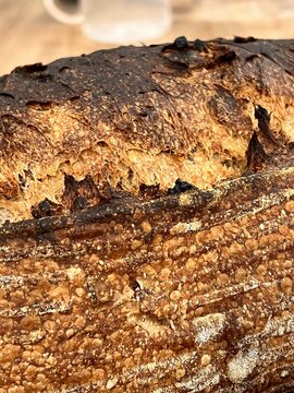 Close-up of crispy sourdough bread crust texture