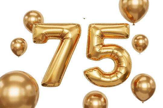 Shiny gold foil balloons shaped as number seventy five with floating metallic spheres and confetti pieces isolated on a transparent background