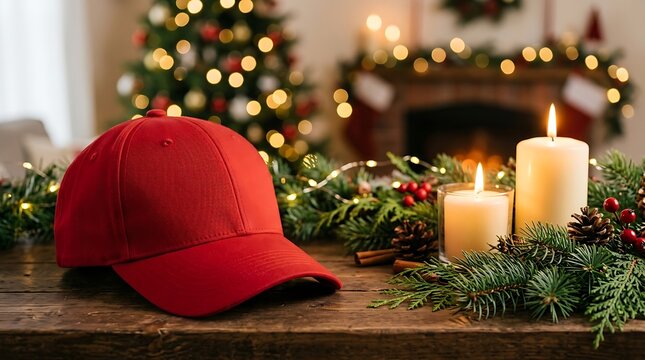 Red baseball cap on wooden table with christmas candles and decor