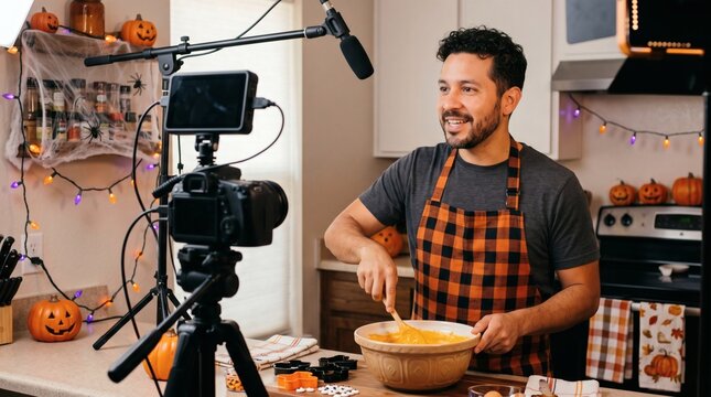 Man in Halloween Apron Films Cooking Show in Decorated Kitchen with Pumpkins and Spiders