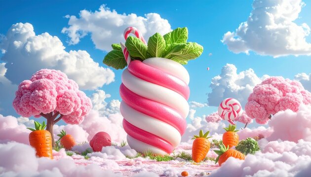 Whimsical Carrot Candy Landscape with Pink Trees and Swirled Treat.