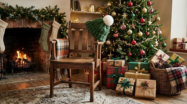 Cozy christmas living room with fireplace and gifts