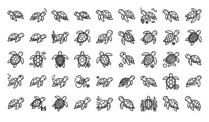 Fototapeta premium Premium cute sea turtle marine wildlife editable outline vector icon collection