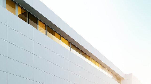 Minimalist building facade with warm-toned windows against a bright sky