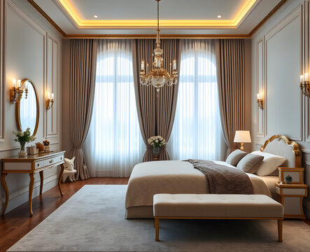 Chambre suite luxueuse avec lustre en cristal, grand lit et rideaux vaporeux dans un d&eacute;cor classique et raffin&eacute; d'h&ocirc;tel haut de gamme