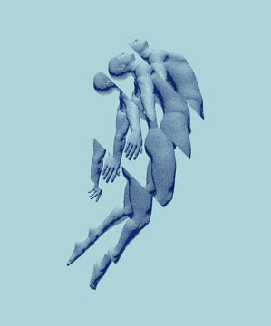 Astral travel out of body or reincarnation spiritual concept. Take me higher. Flying man in zero gravity or a fall. Hovering in the air. Levitation act. Reflection and splitting. Vector illustration.