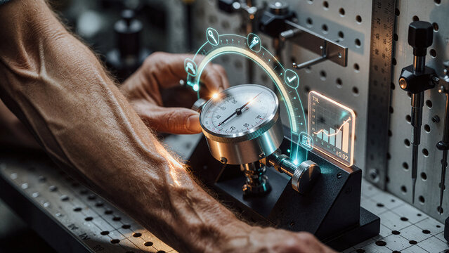 Dial indicator measures precision components on an industrial workbench under harsh spotlights. A person's hand adjusts the silver tool near glowing digital data overlays showing tolerance values.