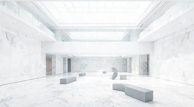 Bright modern museum atrium with white marble floors and skylight